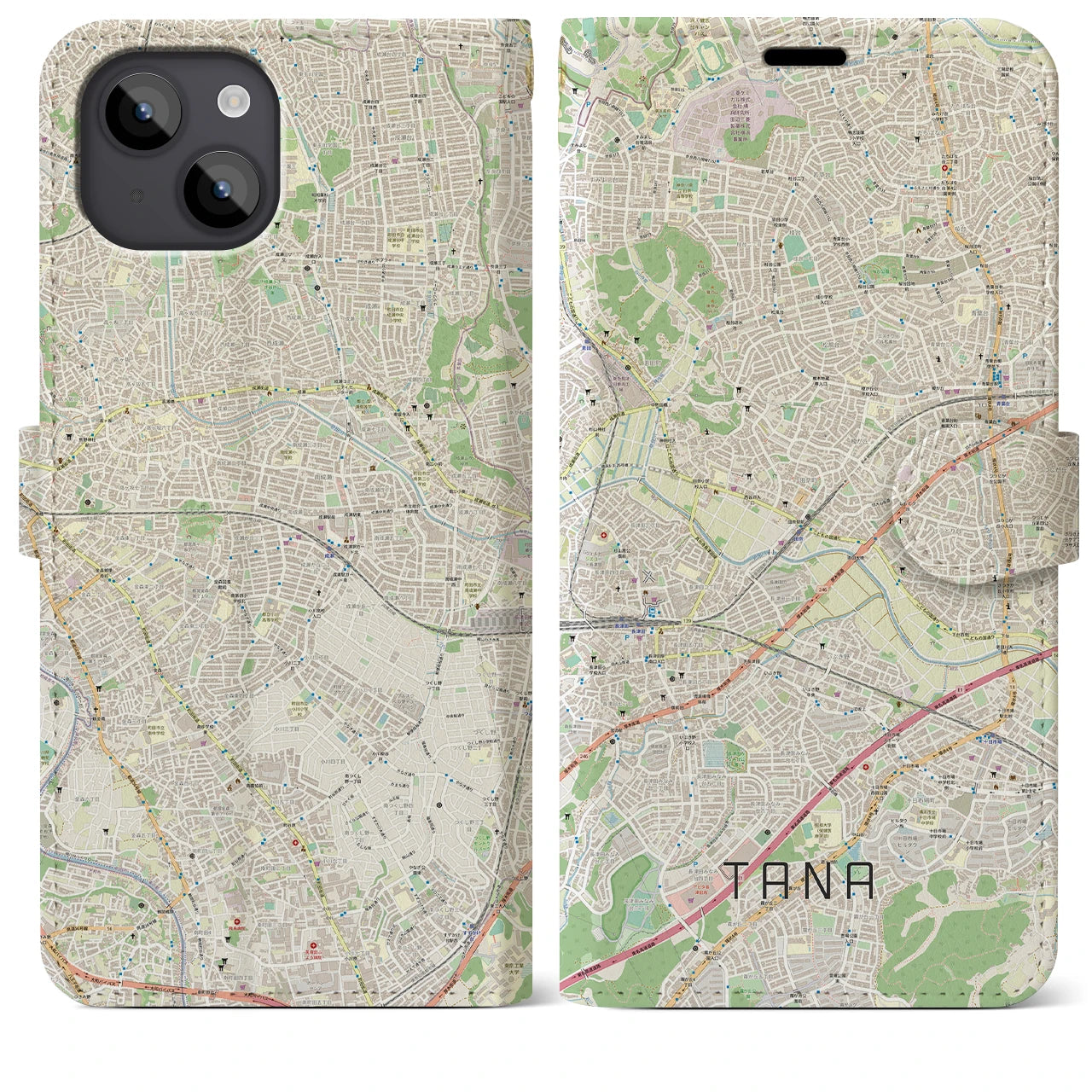 【田奈(神奈川県)】地図柄iPhoneケース(手帳タイプ)ナチュラル・iPhone 14 Plus 用