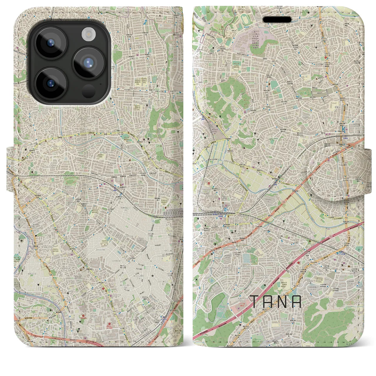 【田奈(神奈川県)】地図柄iPhoneケース(手帳タイプ)ナチュラル・iPhone 15 Pro Max 用