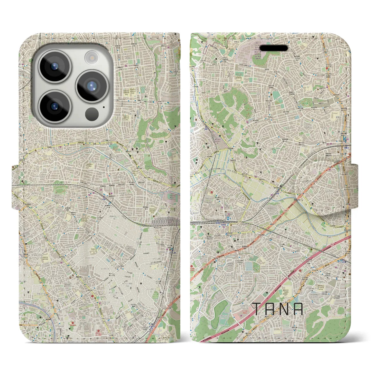 【田奈(神奈川県)】地図柄iPhoneケース(手帳タイプ)ナチュラル・iPhone 15 Pro 用