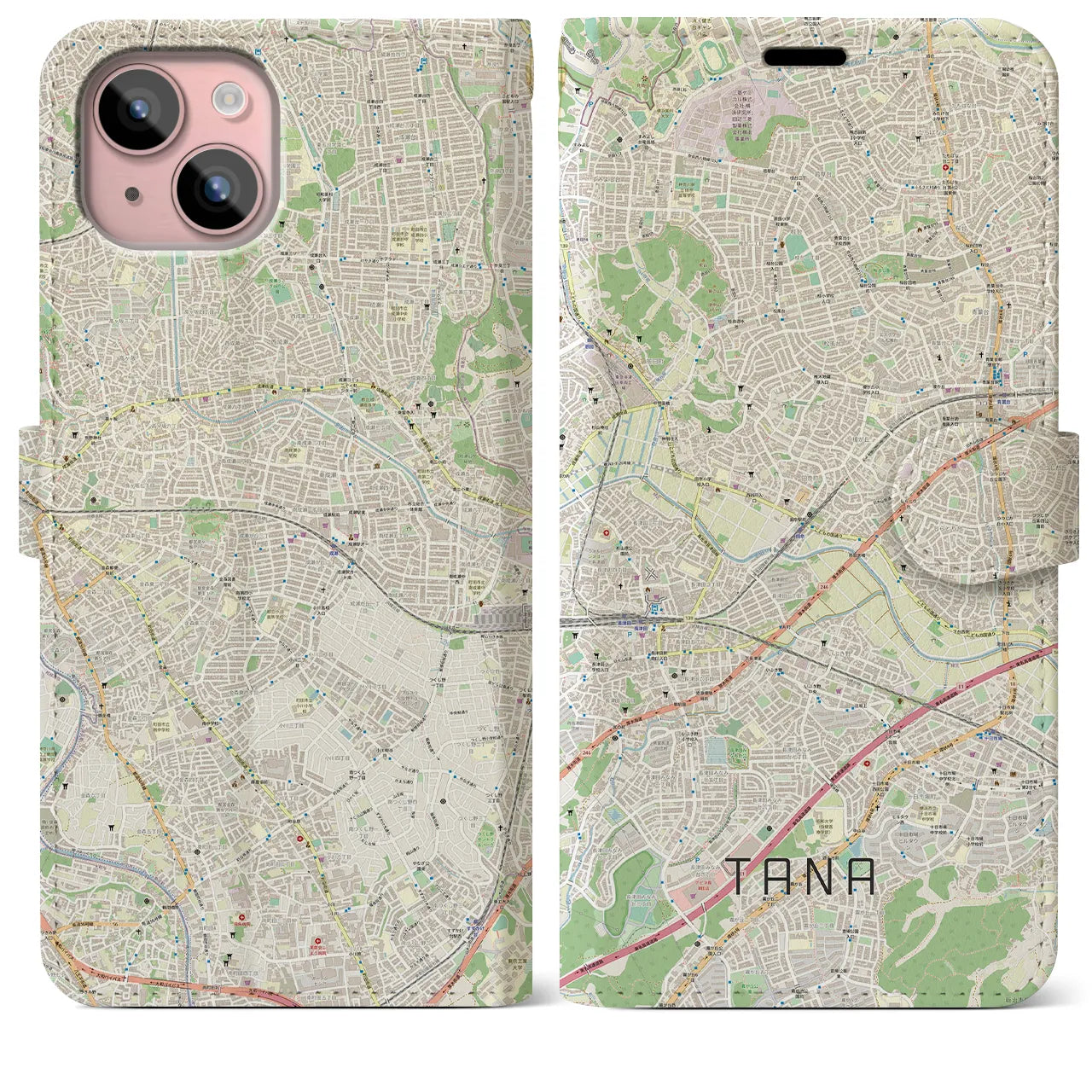 【田奈(神奈川県)】地図柄iPhoneケース(手帳タイプ)ナチュラル・iPhone 15 Plus 用