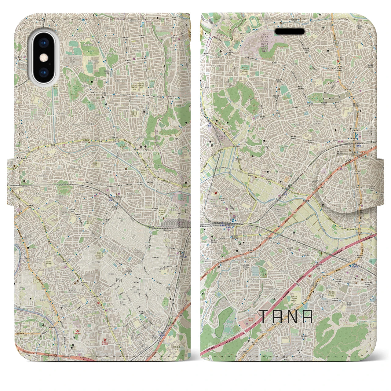 【田奈(神奈川県)】地図柄iPhoneケース(手帳タイプ)ナチュラル・iPhone XS Max 用
