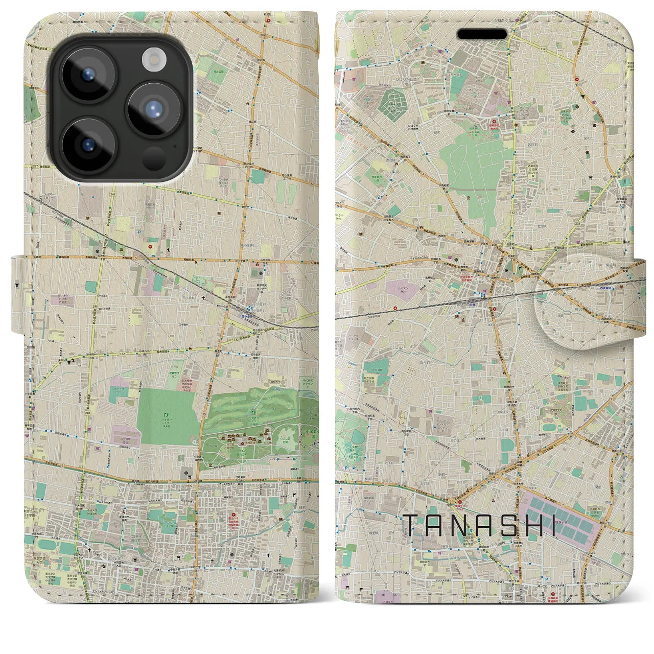 【田無(東京都)】地図柄iPhoneケース(手帳タイプ)ナチュラル・iPhone 15 Pro Max 用