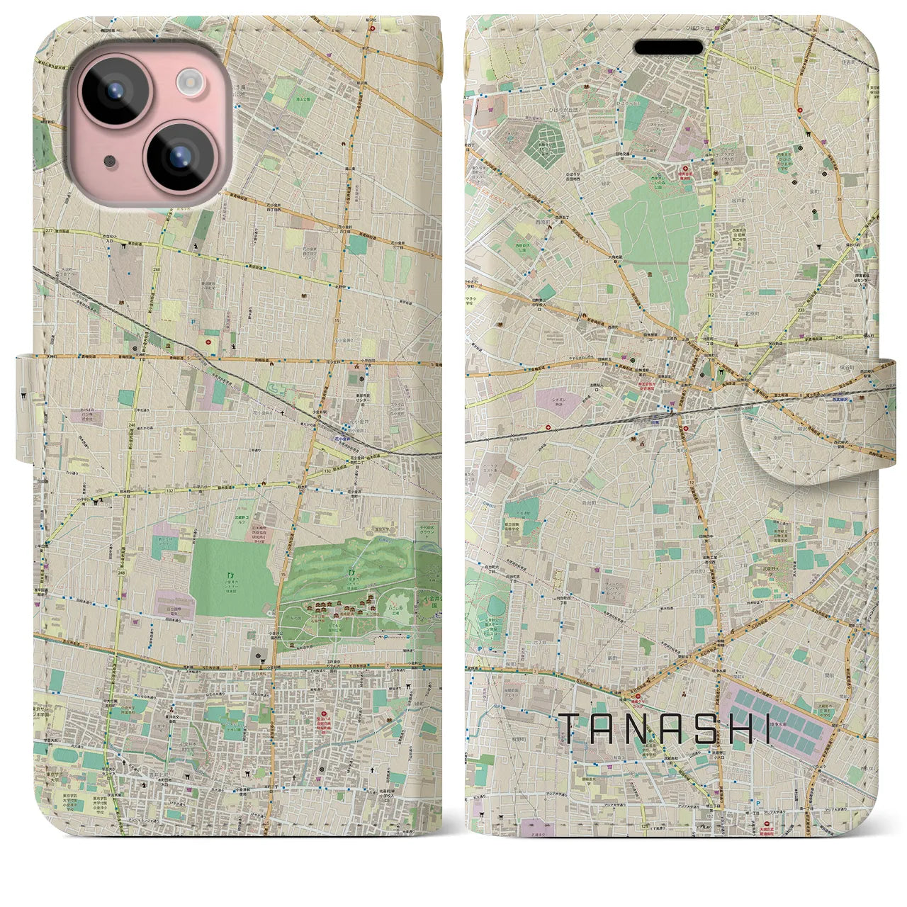 【田無(東京都)】地図柄iPhoneケース(手帳タイプ)ナチュラル・iPhone 15 Plus 用