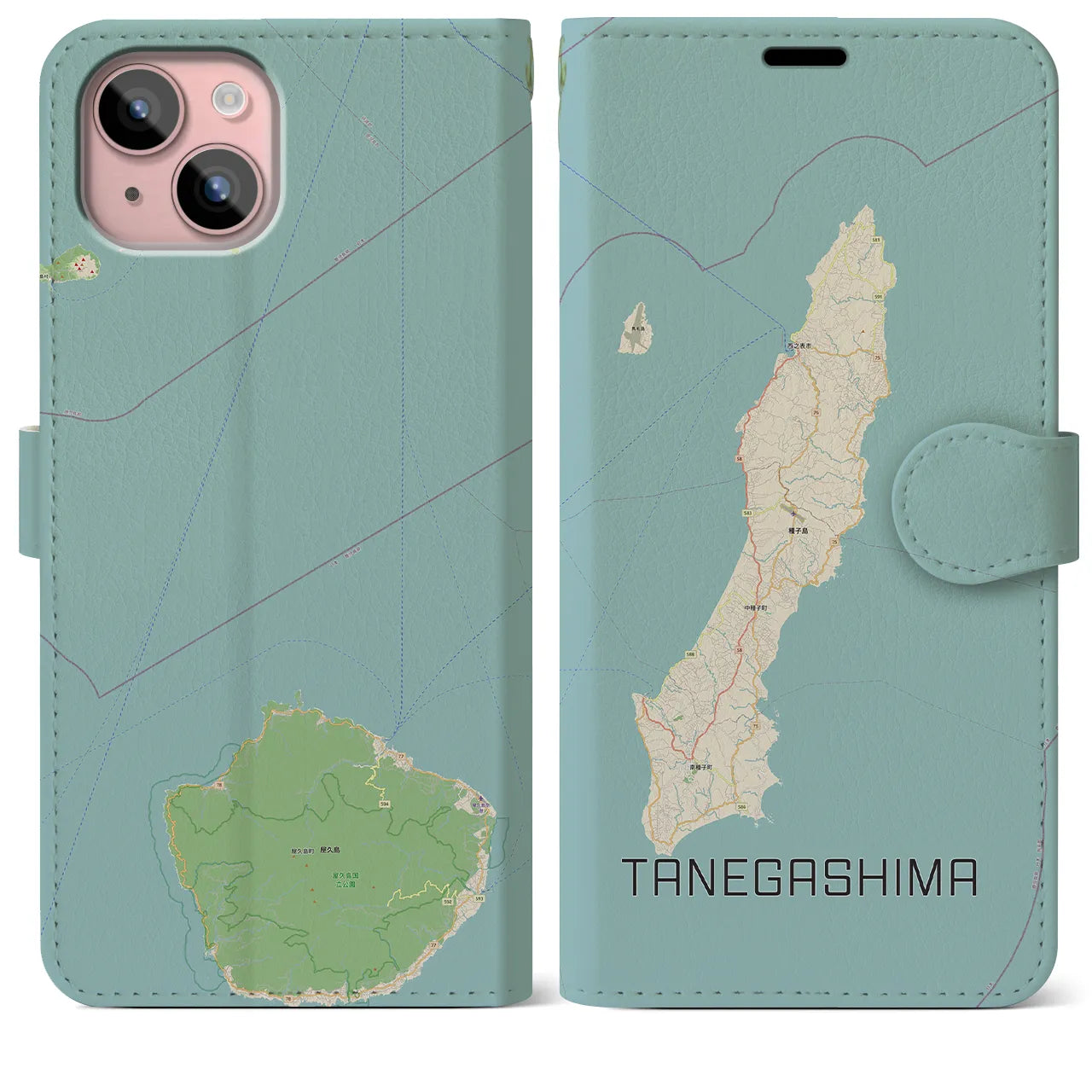 【種子島(鹿児島県)】地図柄iPhoneケース(手帳タイプ)ナチュラル・iPhone 15 Plus 用