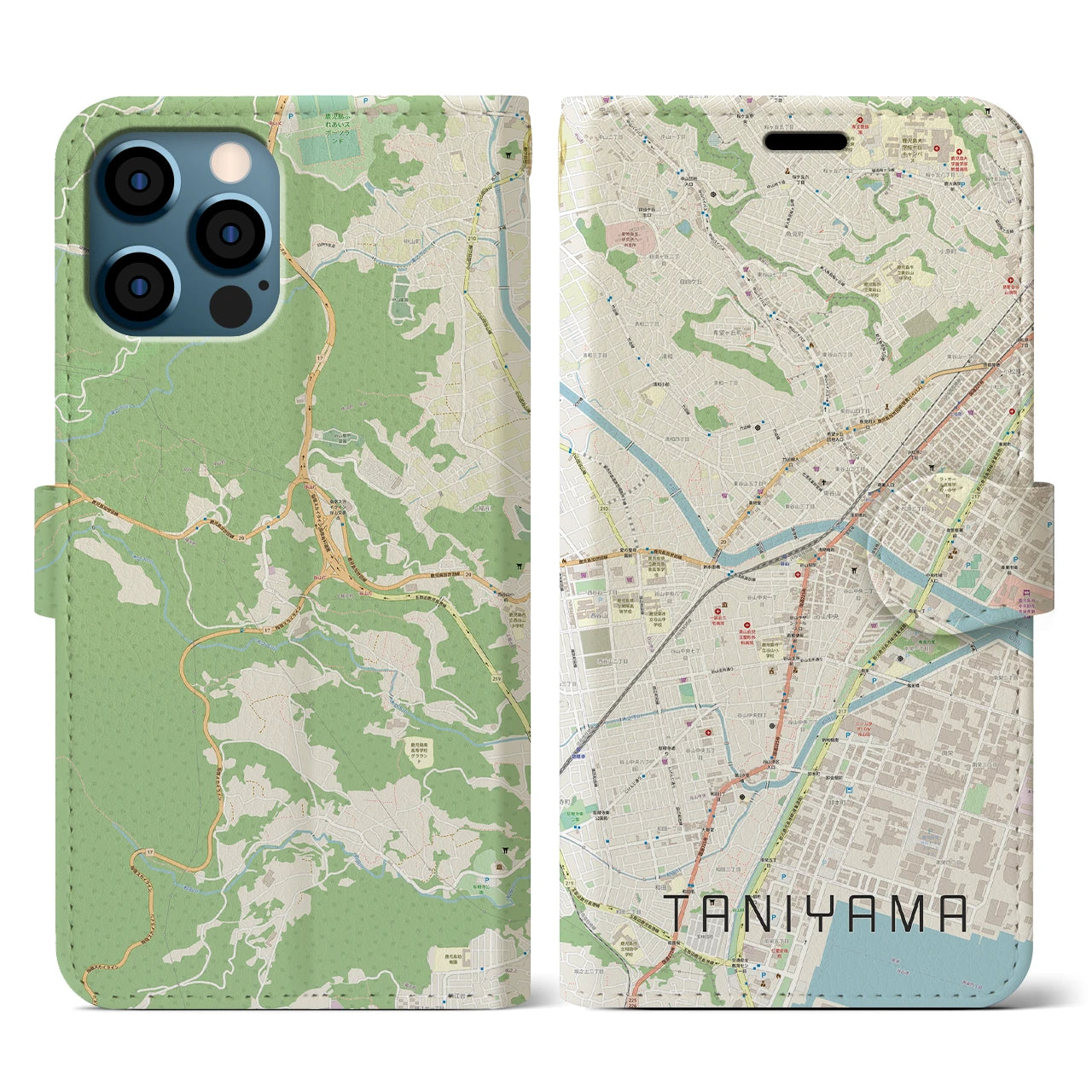 【谷山(鹿児島県)】地図柄iPhoneケース(手帳タイプ)ナチュラル・iPhone 12 / 12 Pro 用