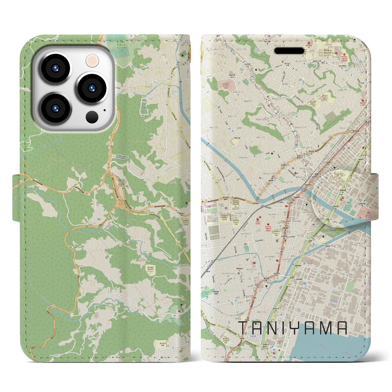 【谷山(鹿児島県)】地図柄iPhoneケース(手帳タイプ)ナチュラル・iPhone 13 Pro 用