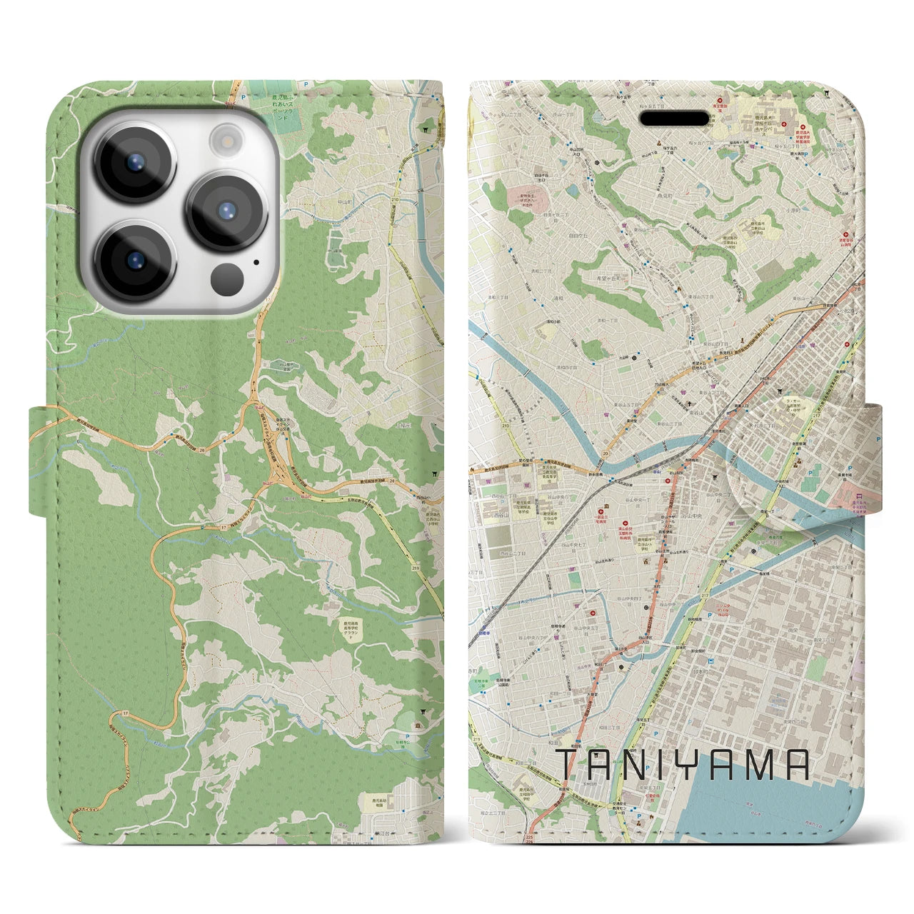 【谷山(鹿児島県)】地図柄iPhoneケース(手帳タイプ)ナチュラル・iPhone 14 Pro 用