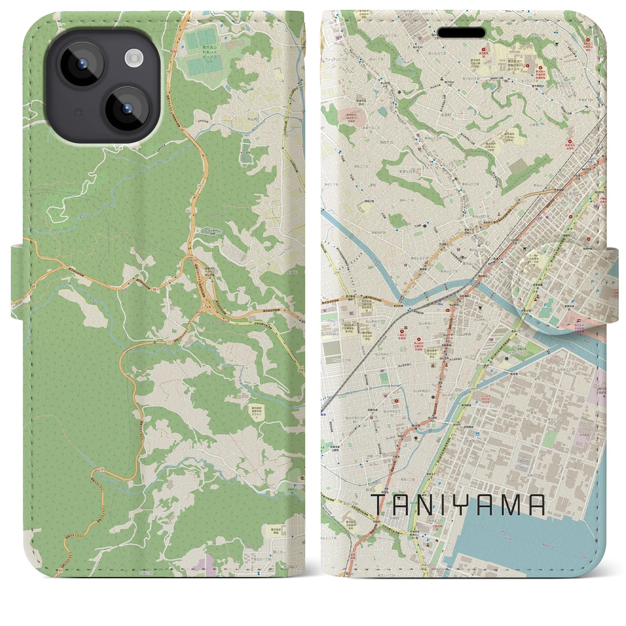 【谷山(鹿児島県)】地図柄iPhoneケース(手帳タイプ)ナチュラル・iPhone 14 Plus 用