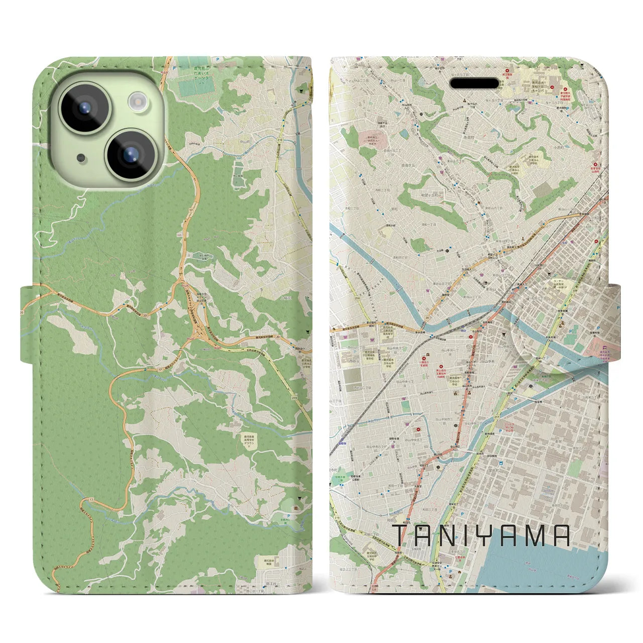 【谷山(鹿児島県)】地図柄iPhoneケース(手帳タイプ)ナチュラル・iPhone 15 用