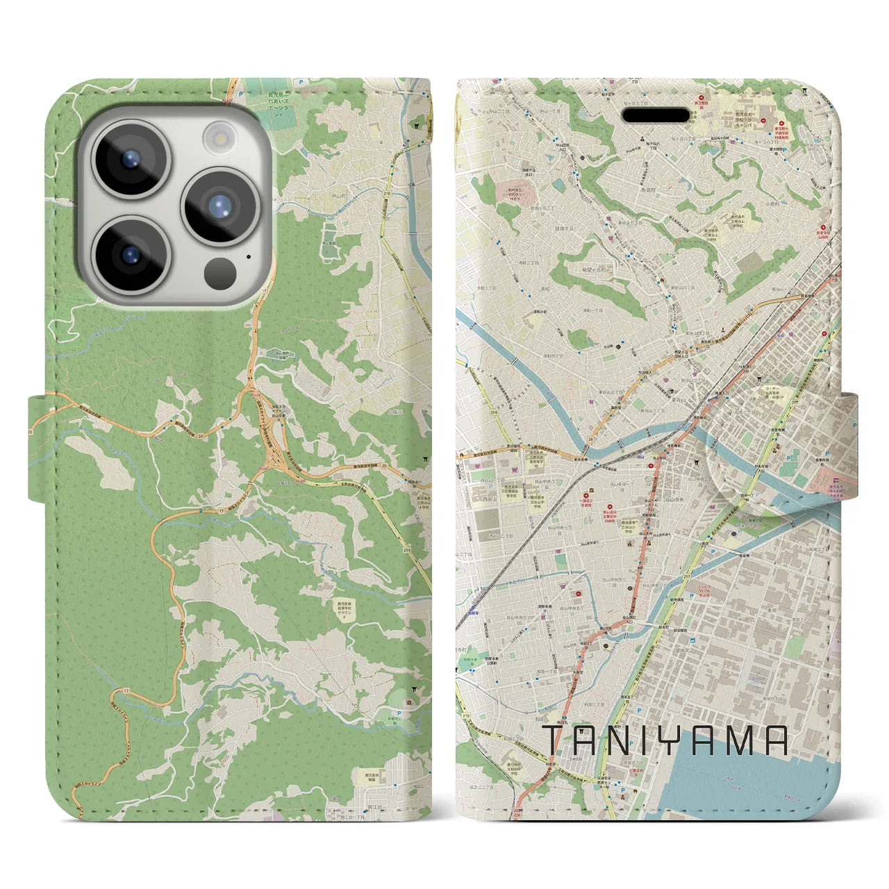 【谷山(鹿児島県)】地図柄iPhoneケース(手帳タイプ)ナチュラル・iPhone 15 Pro 用