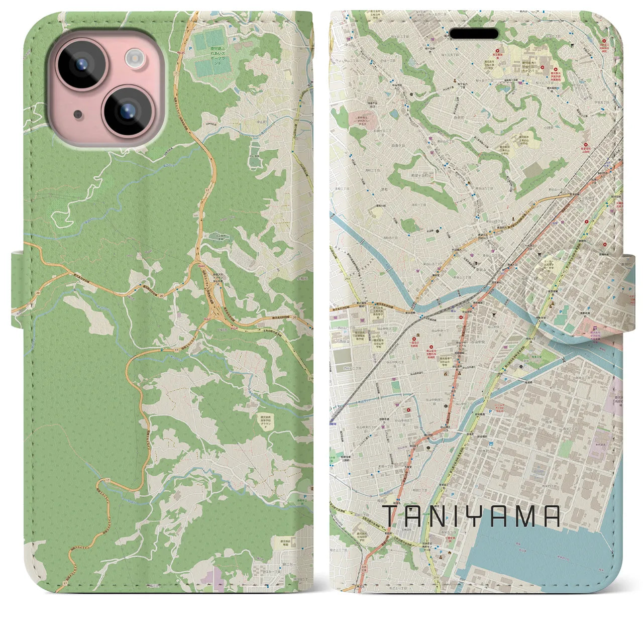 【谷山(鹿児島県)】地図柄iPhoneケース(手帳タイプ)ナチュラル・iPhone 15 Plus 用