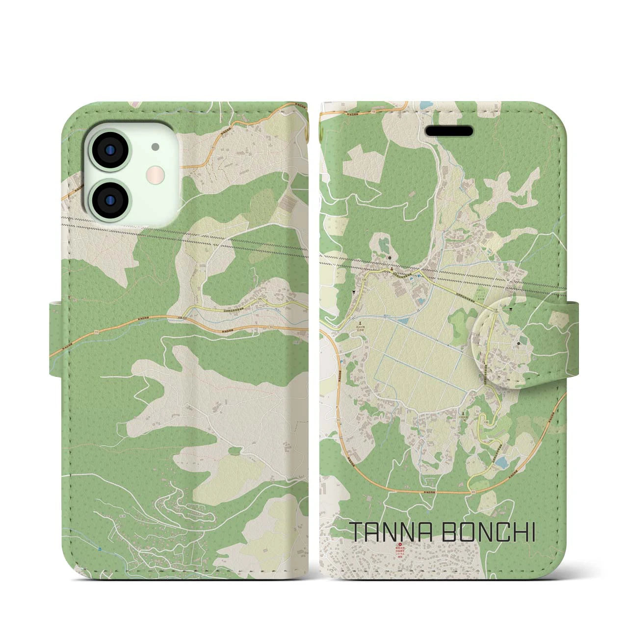 【丹那盆地(静岡県)】地図柄iPhoneケース(手帳タイプ)モノトーン・iPhone 12 / 12 Pro 用