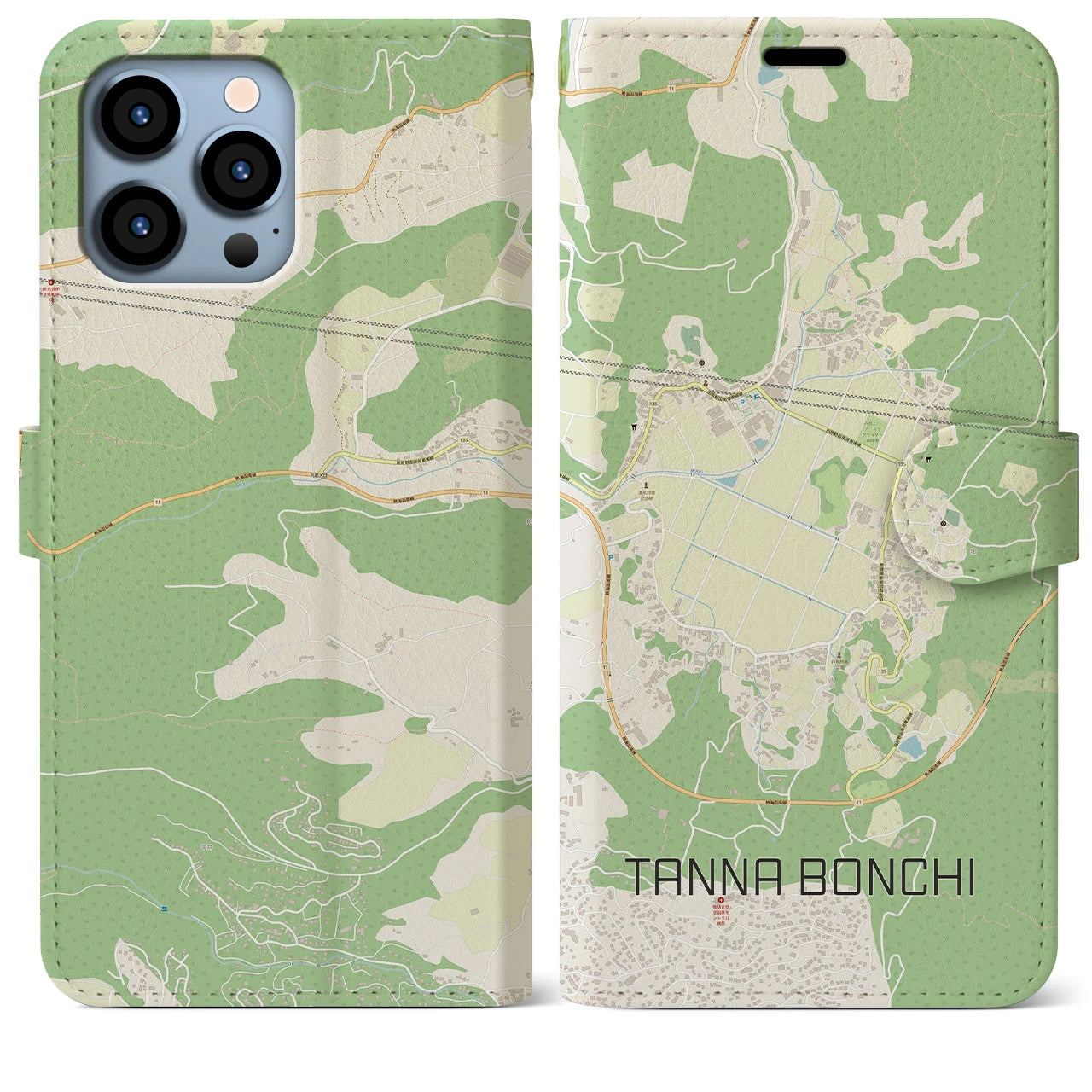 【丹那盆地(静岡県)】地図柄iPhoneケース(手帳タイプ)モノトーン・iPhone 14 用