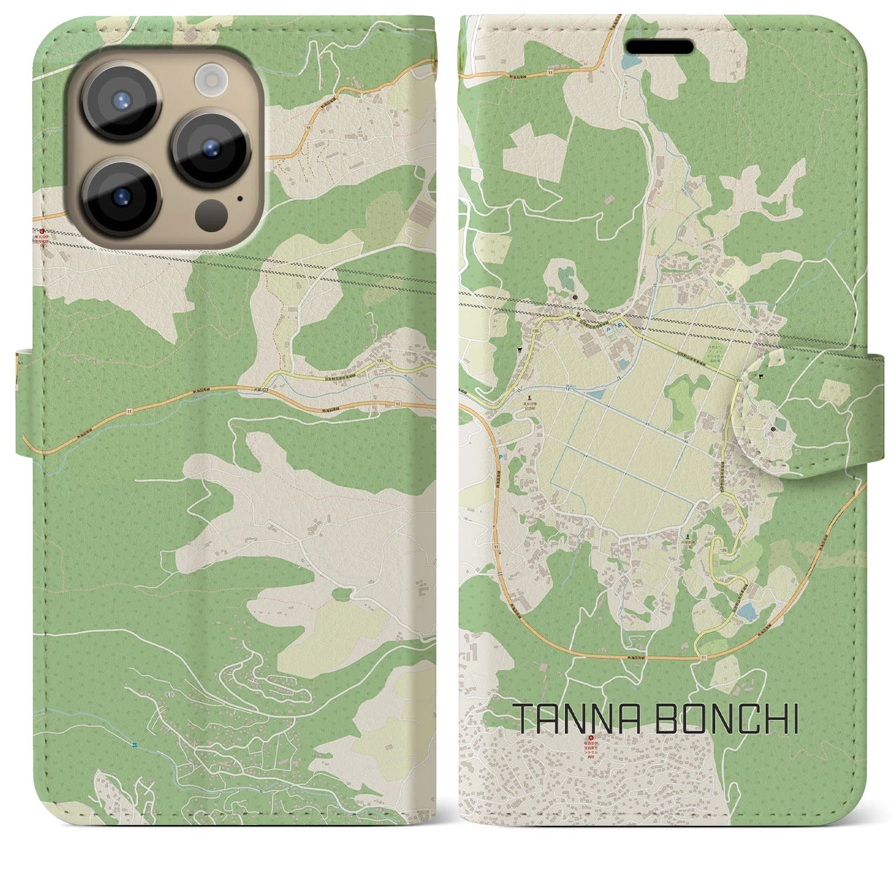 【丹那盆地(静岡県)】地図柄iPhoneケース(手帳タイプ)モノトーン・iPhone 15 用
