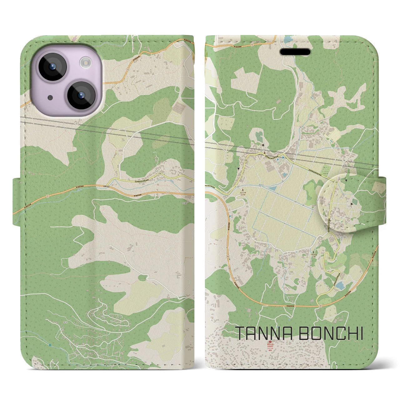【丹那盆地(静岡県)】地図柄iPhoneケース(手帳タイプ)モノトーン・iPhone 14 Plus 用