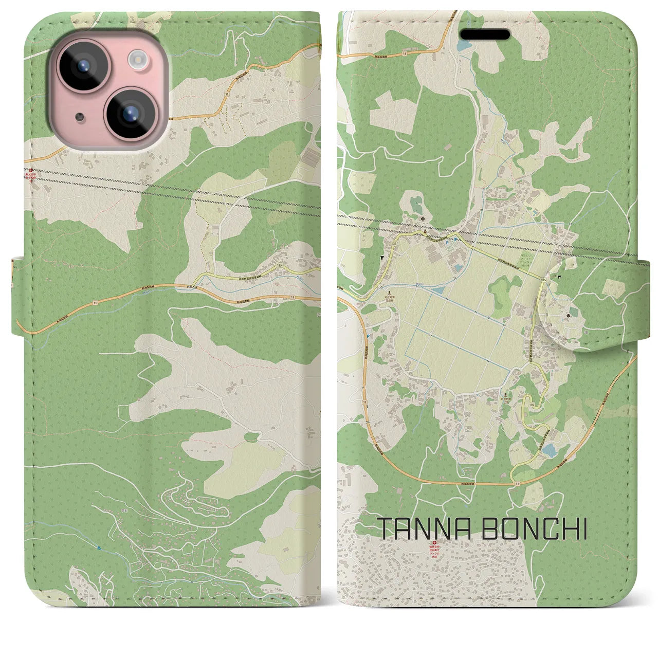 【丹那盆地(静岡県)】地図柄iPhoneケース(手帳タイプ)ナチュラル・iPhone 15 Plus 用