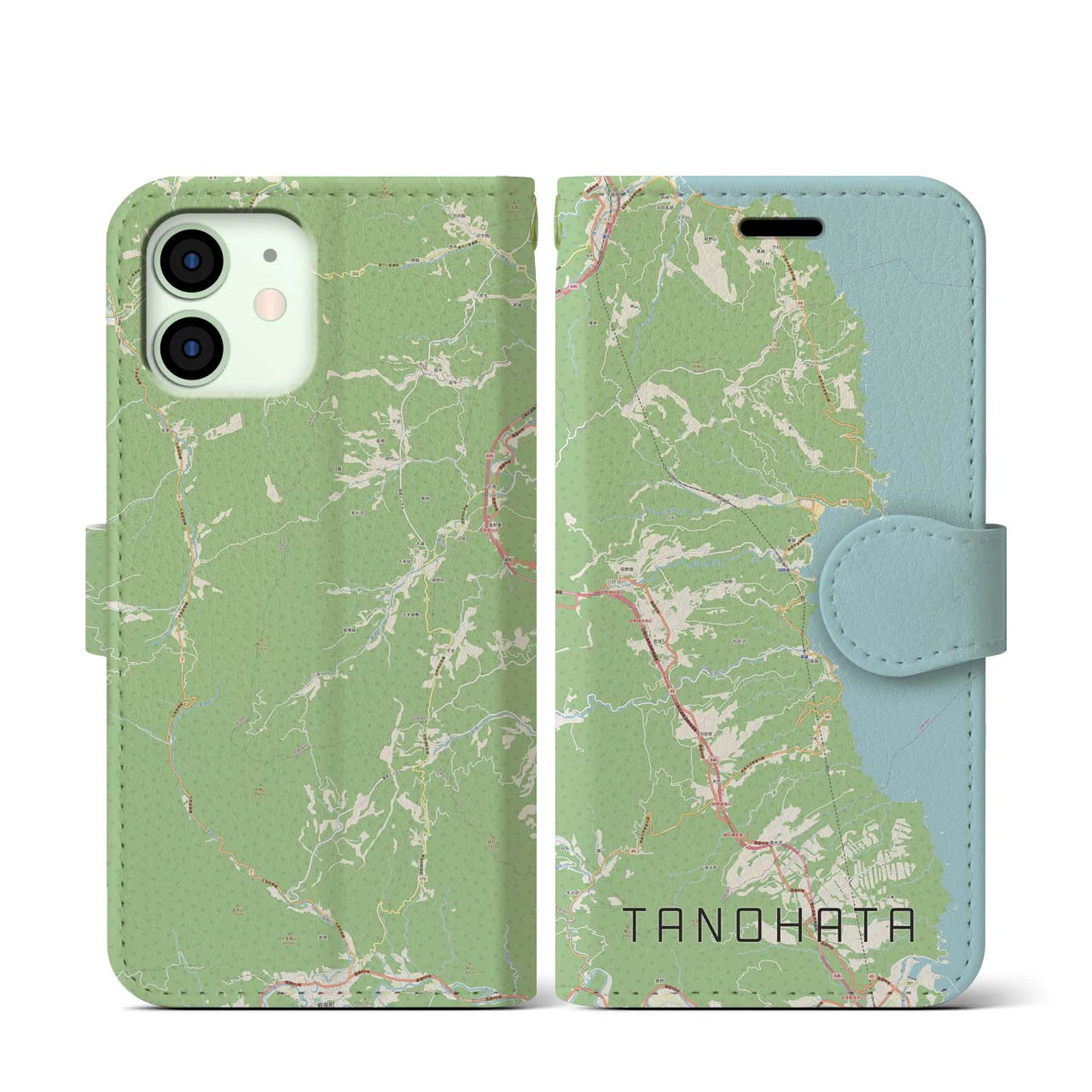 【田野畑(岩手県)】地図柄iPhoneケース(手帳タイプ)ナチュラル・iPhone 12 mini 用