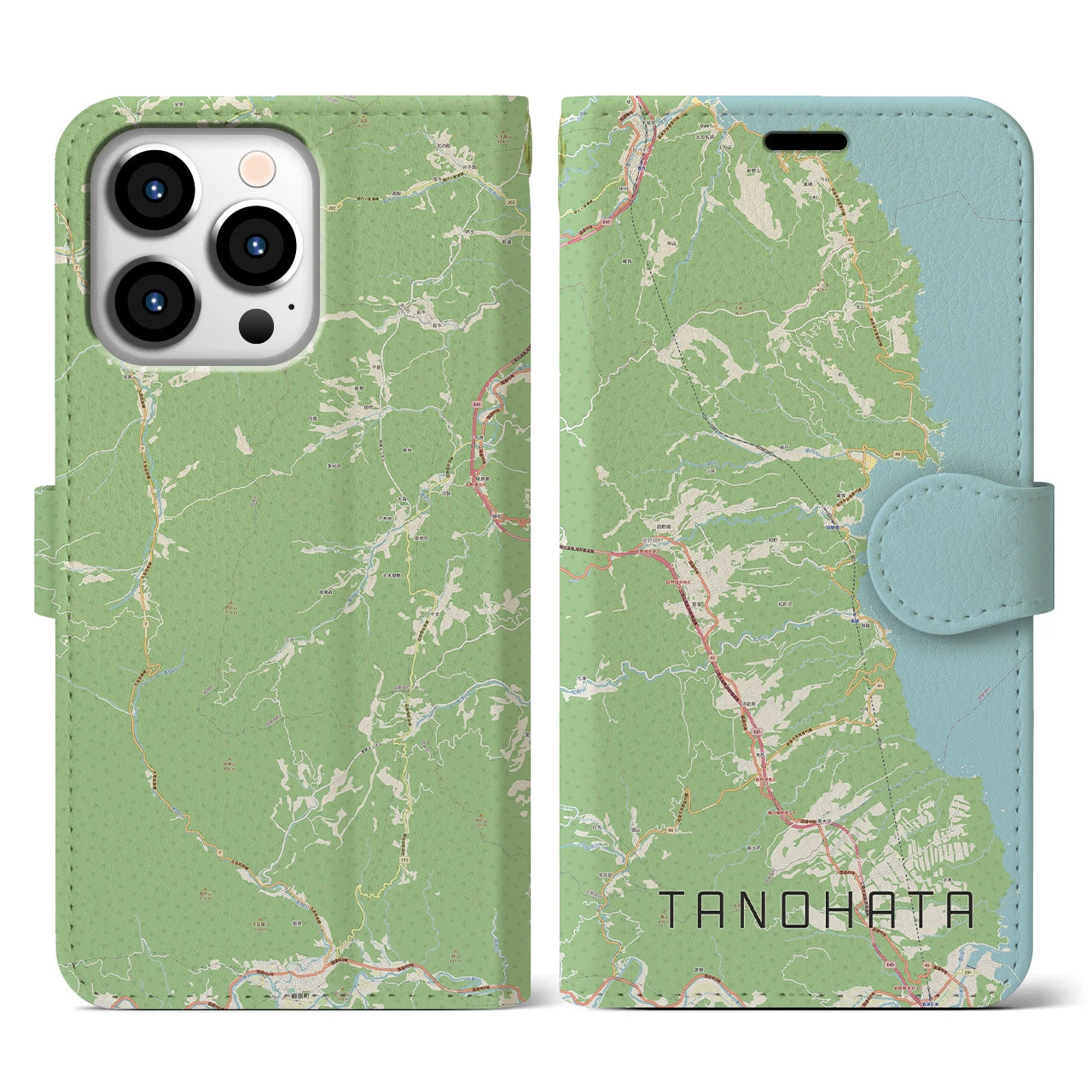 【田野畑(岩手県)】地図柄iPhoneケース(手帳タイプ)ナチュラル・iPhone 13 Pro 用