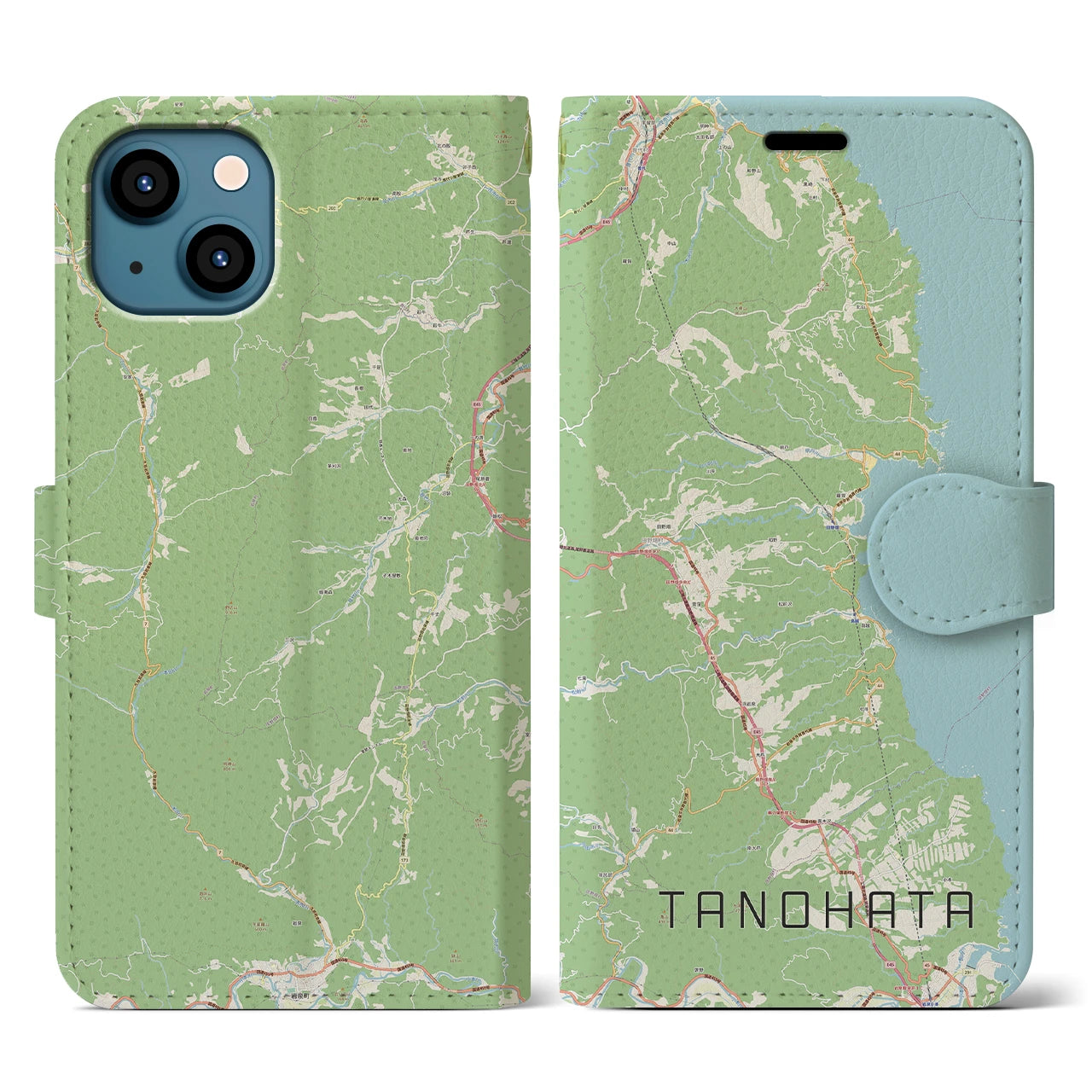 【田野畑(岩手県)】地図柄iPhoneケース(手帳タイプ)ナチュラル・iPhone 13 用