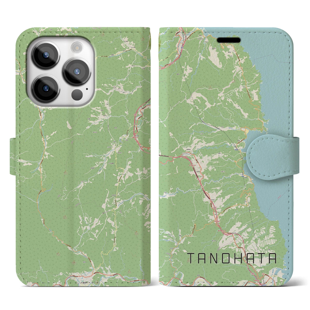 【田野畑(岩手県)】地図柄iPhoneケース(手帳タイプ)ナチュラル・iPhone 14 Pro 用