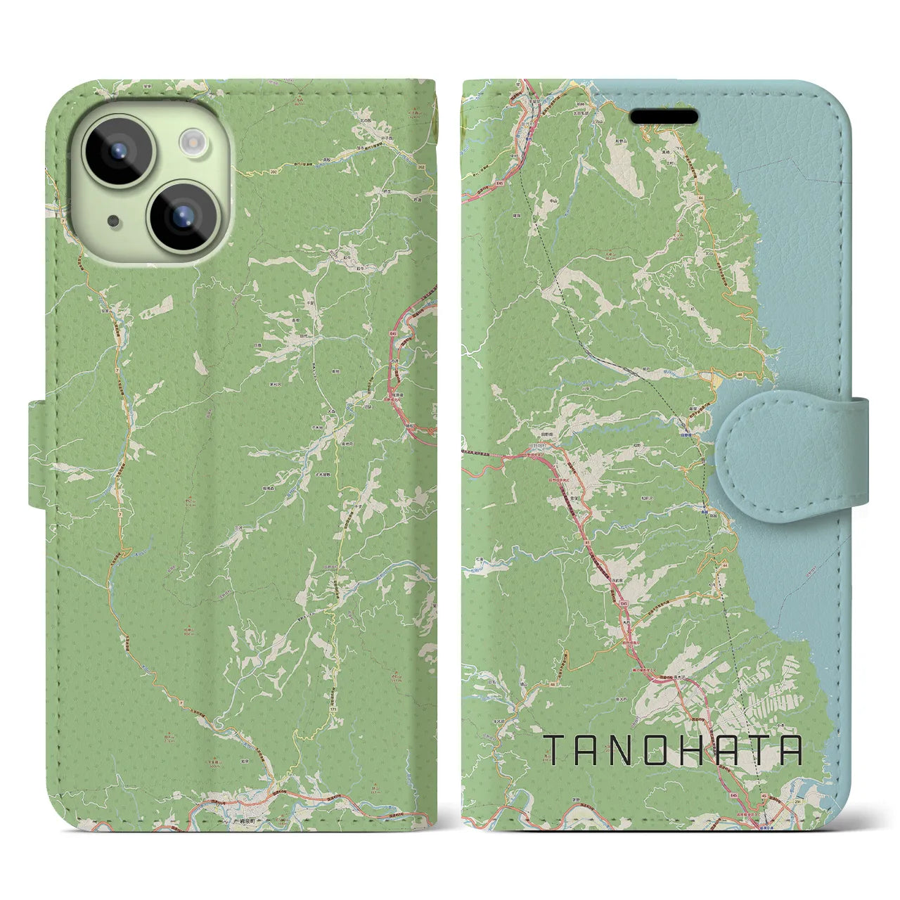 【田野畑(岩手県)】地図柄iPhoneケース(手帳タイプ)ナチュラル・iPhone 15 用