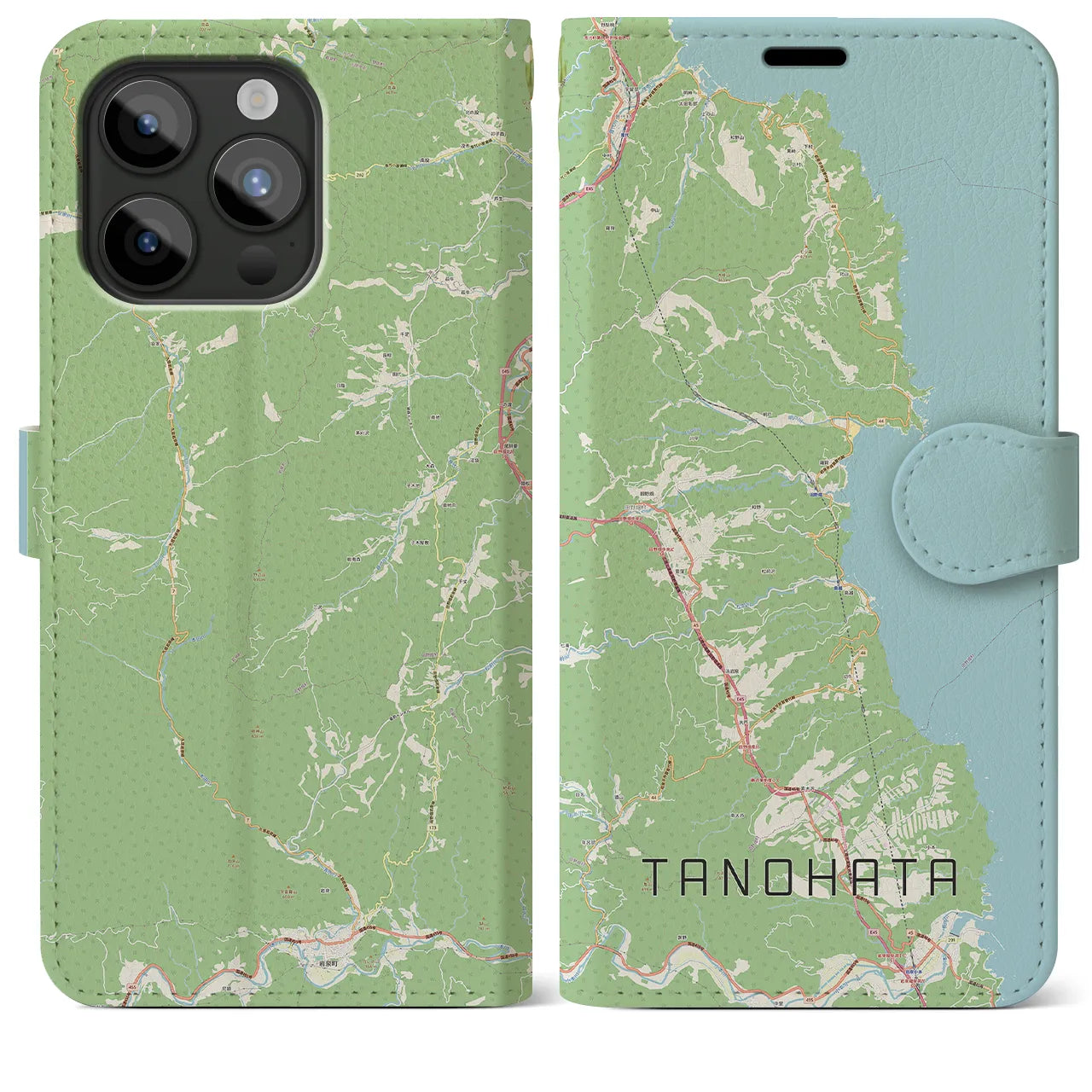 【田野畑(岩手県)】地図柄iPhoneケース(手帳タイプ)ナチュラル・iPhone 15 Pro Max 用