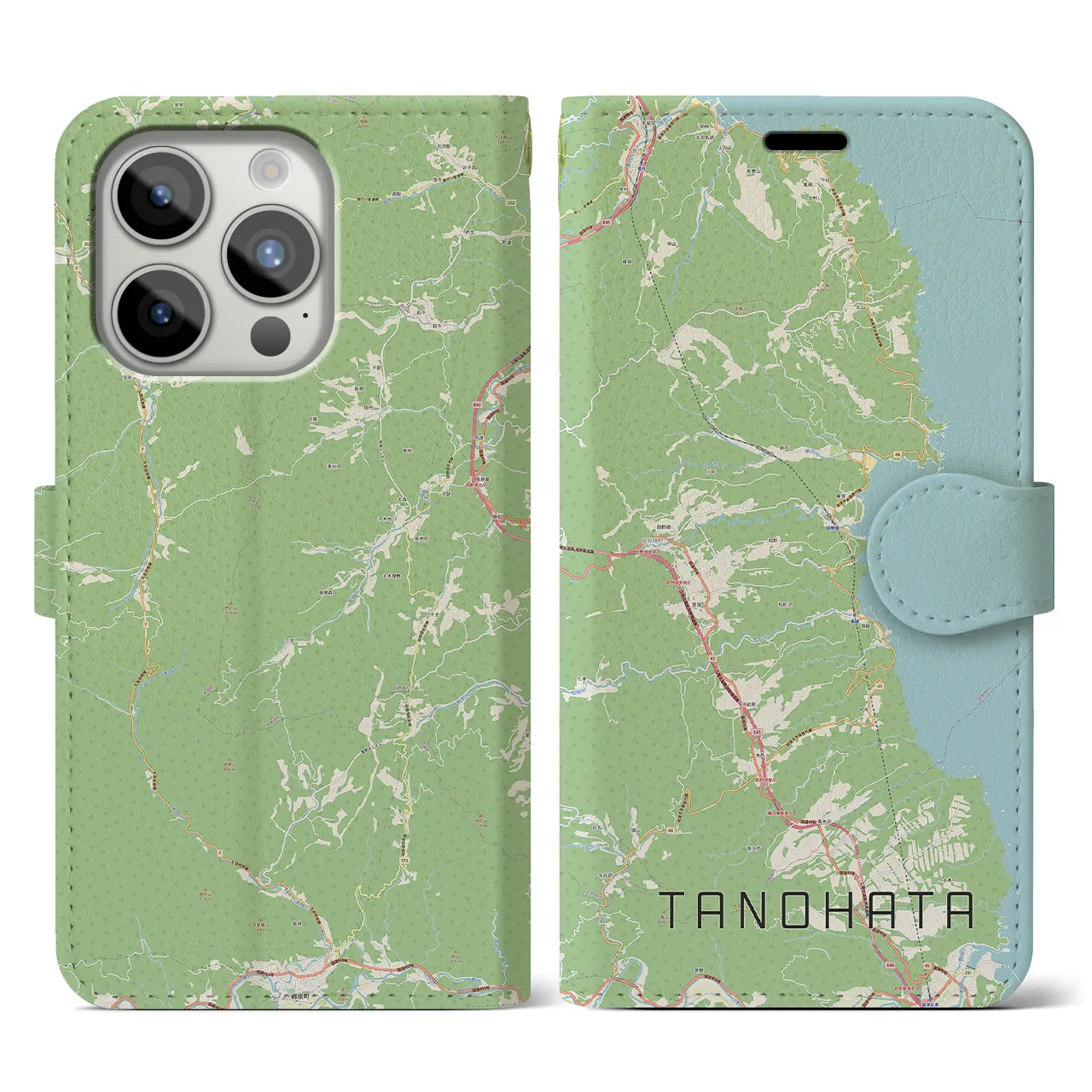 【田野畑(岩手県)】地図柄iPhoneケース(手帳タイプ)ナチュラル・iPhone 15 Pro 用