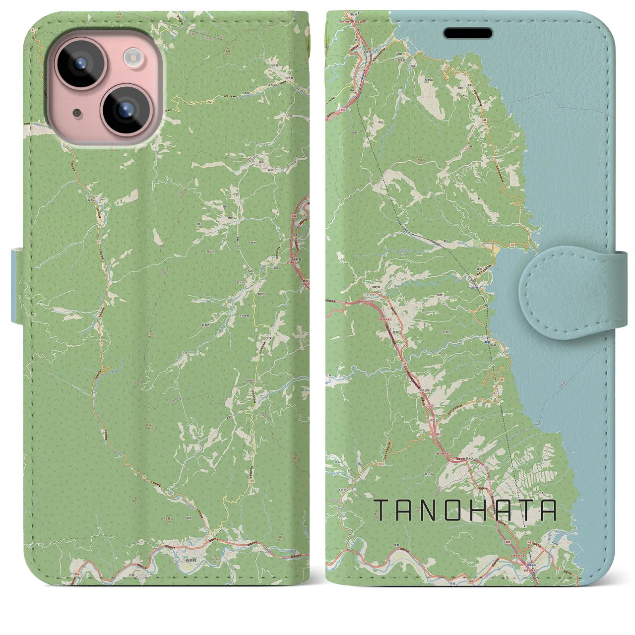 【田野畑(岩手県)】地図柄iPhoneケース(手帳タイプ)ナチュラル・iPhone 15 Plus 用