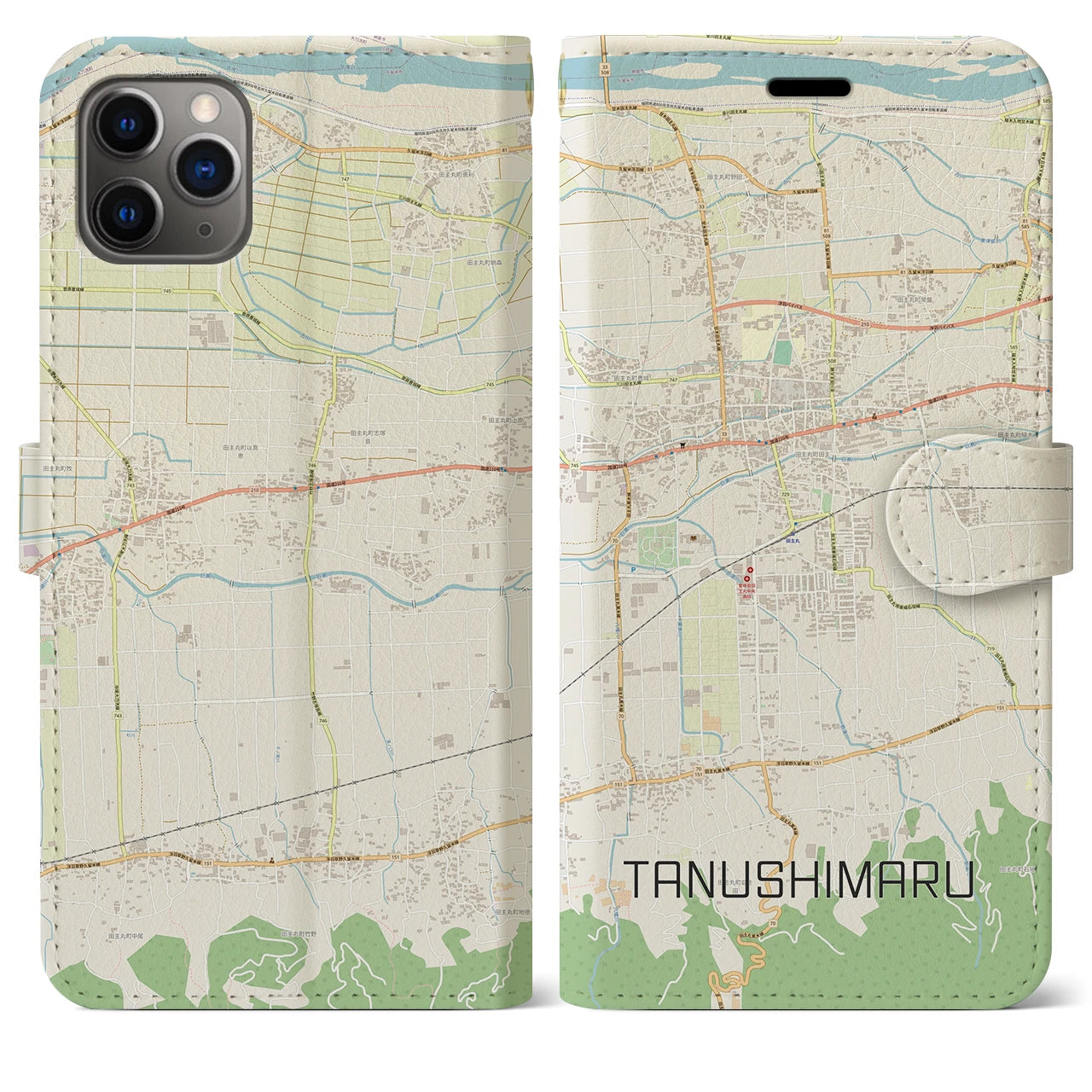 【田主丸(福岡県)】地図柄iPhoneケース(手帳タイプ)ナチュラル・iPhone 11 Pro Max 用