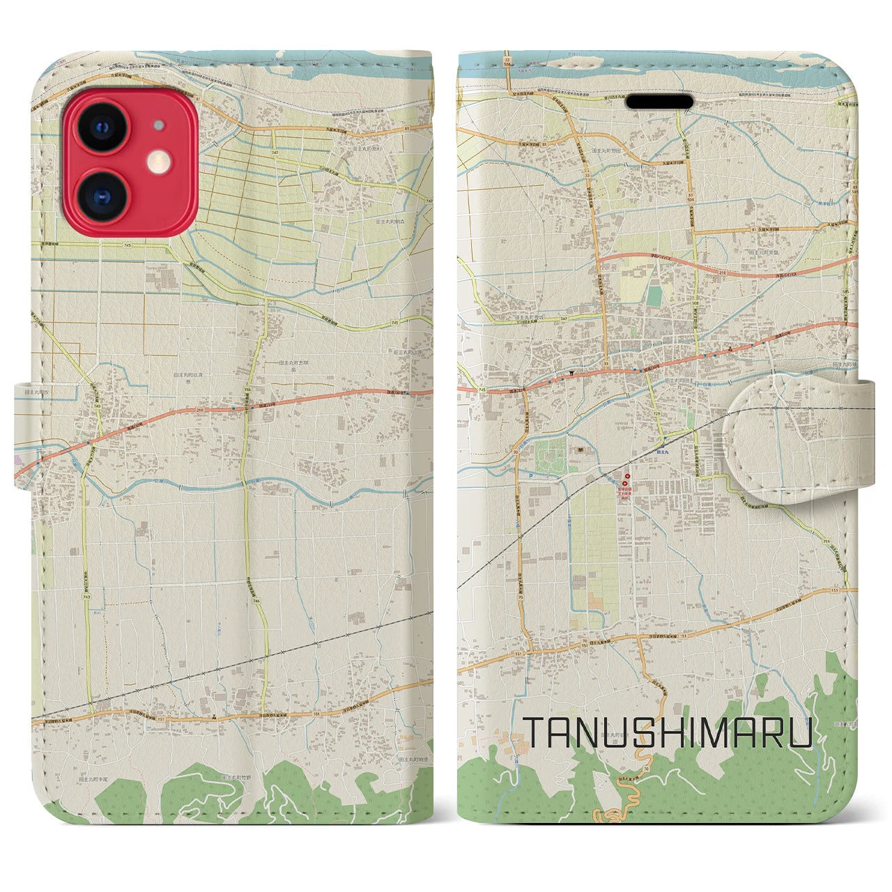 【田主丸(福岡県)】地図柄iPhoneケース(手帳タイプ)ナチュラル・iPhone 11 用