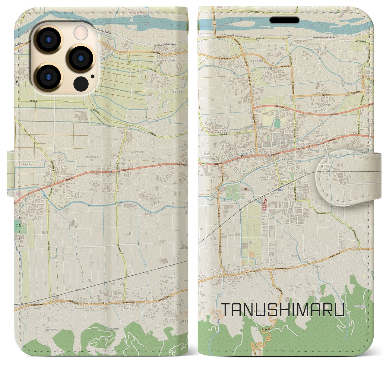 【田主丸(福岡県)】地図柄iPhoneケース(手帳タイプ)ナチュラル・iPhone 12 Pro Max 用