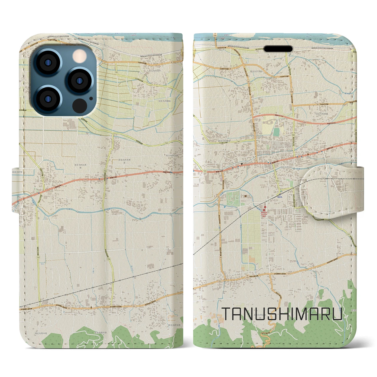 【田主丸(福岡県)】地図柄iPhoneケース(手帳タイプ)ナチュラル・iPhone 12 / 12 Pro 用
