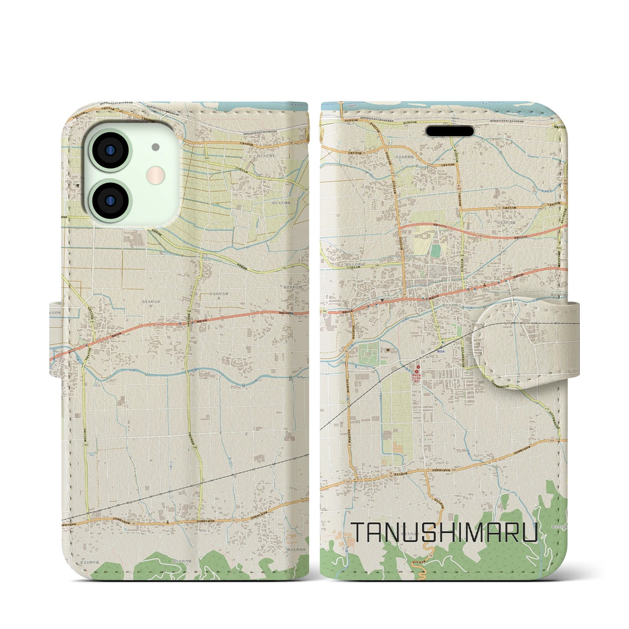 【田主丸(福岡県)】地図柄iPhoneケース(手帳タイプ)ナチュラル・iPhone 12 mini 用