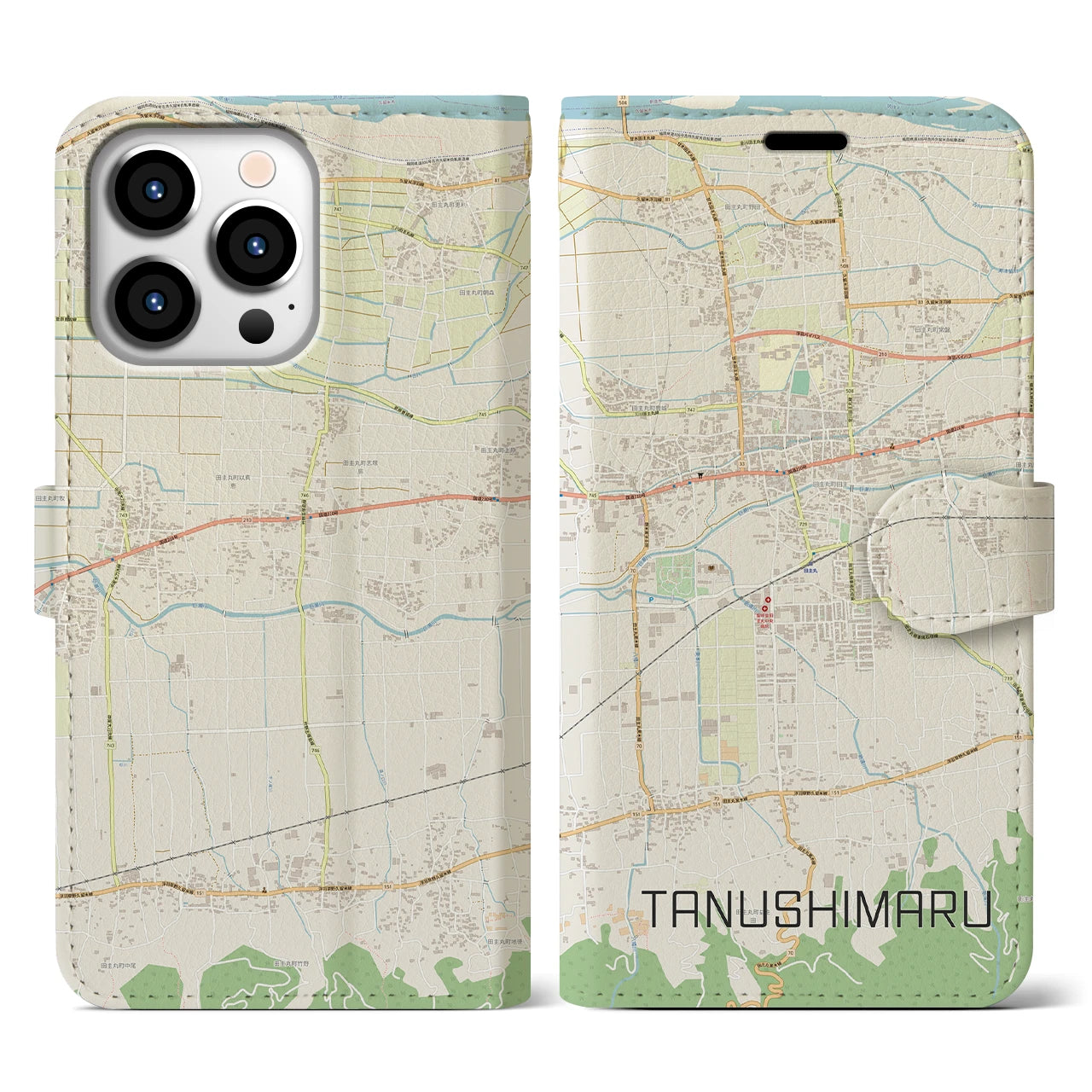 【田主丸(福岡県)】地図柄iPhoneケース(手帳タイプ)ナチュラル・iPhone 13 Pro 用