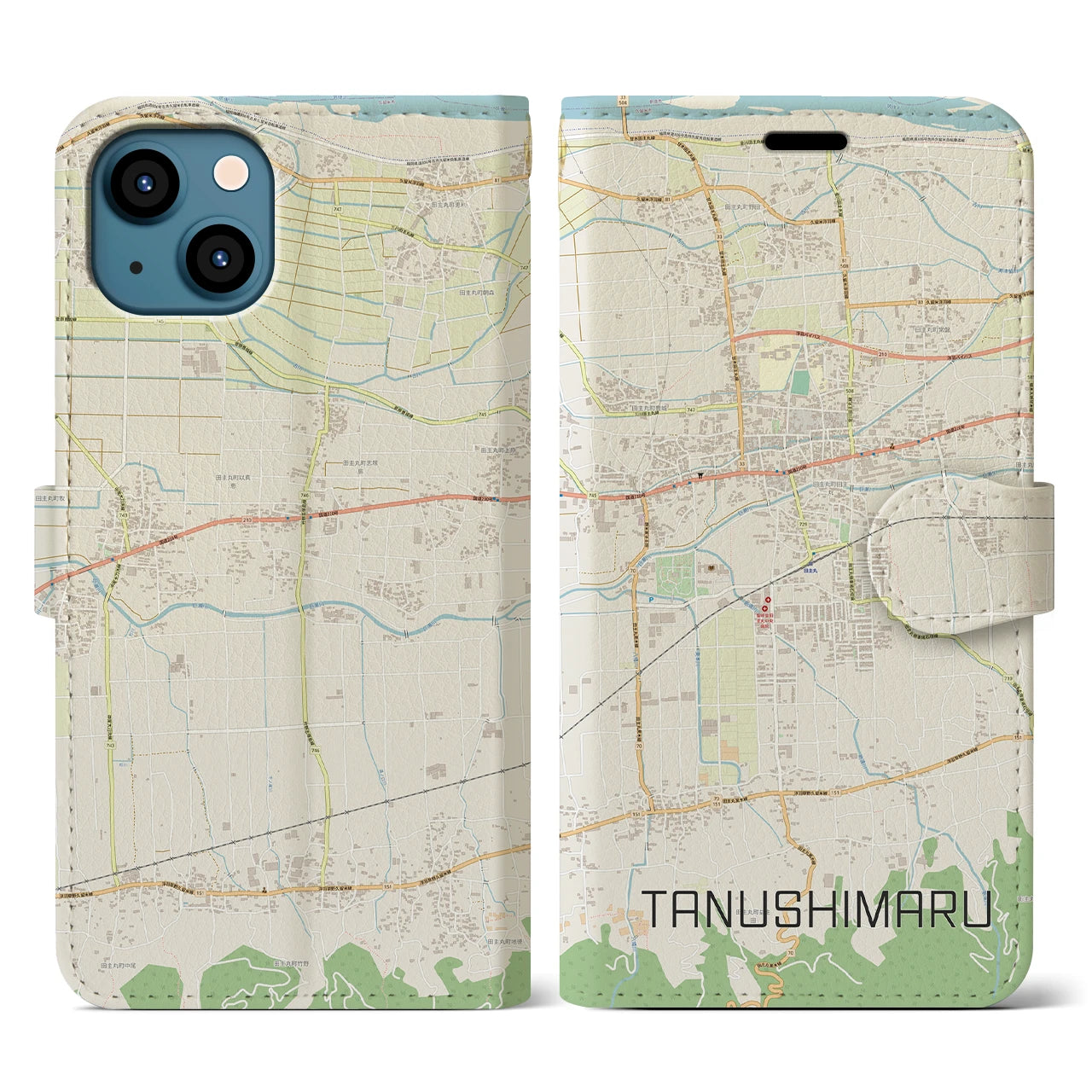 【田主丸(福岡県)】地図柄iPhoneケース(手帳タイプ)ナチュラル・iPhone 13 用