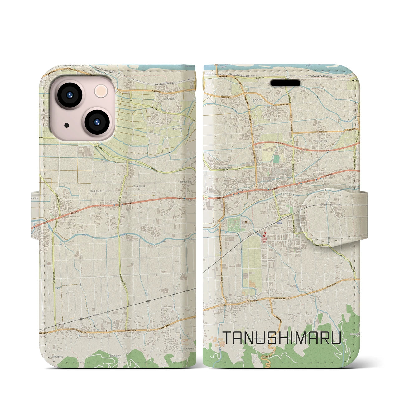 【田主丸(福岡県)】地図柄iPhoneケース(手帳タイプ)ナチュラル・iPhone 13 mini 用
