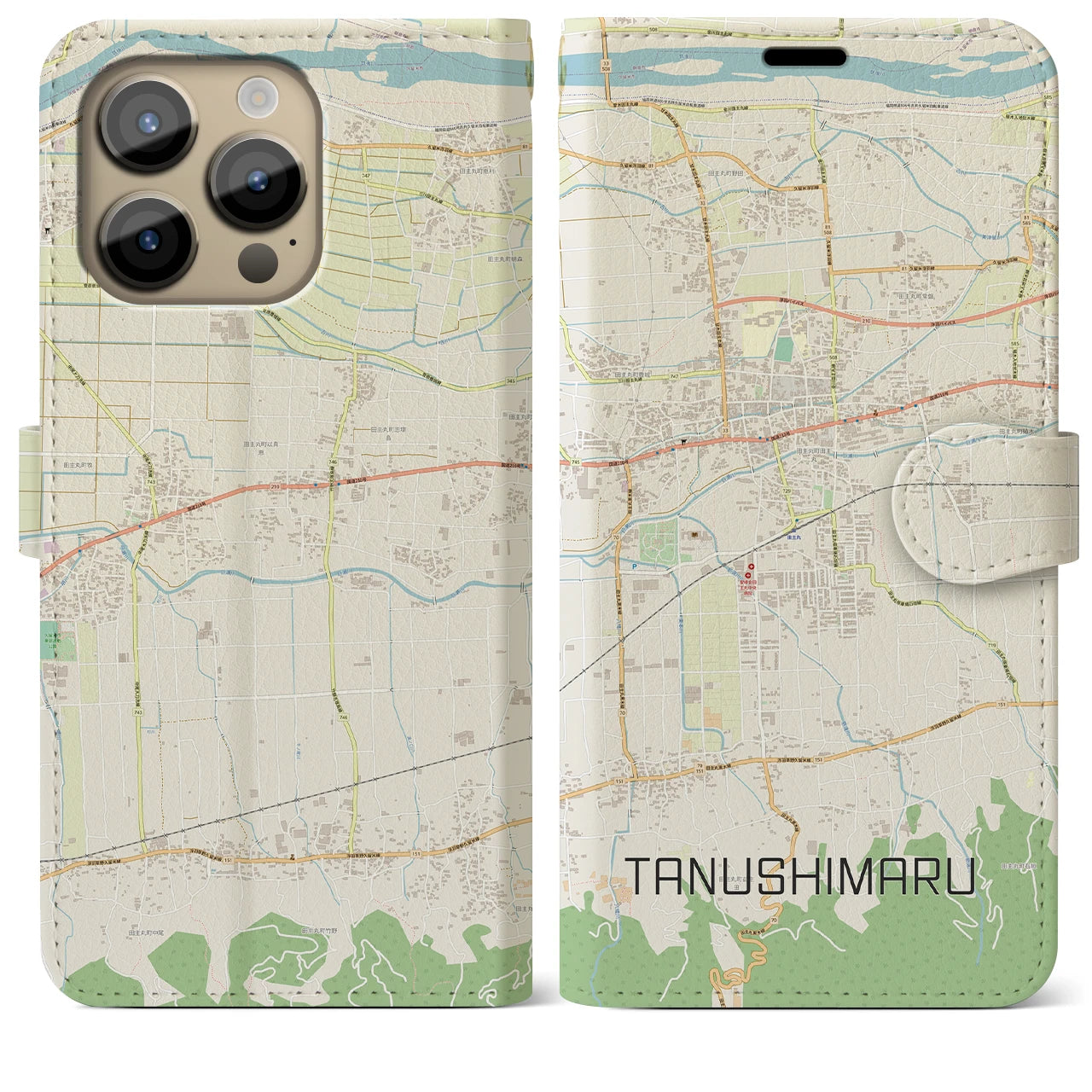 【田主丸(福岡県)】地図柄iPhoneケース(手帳タイプ)ナチュラル・iPhone 14 Pro Max 用