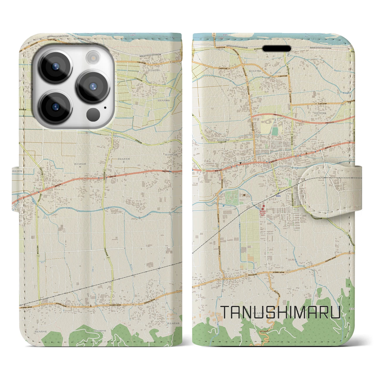 【田主丸(福岡県)】地図柄iPhoneケース(手帳タイプ)ナチュラル・iPhone 14 Pro 用