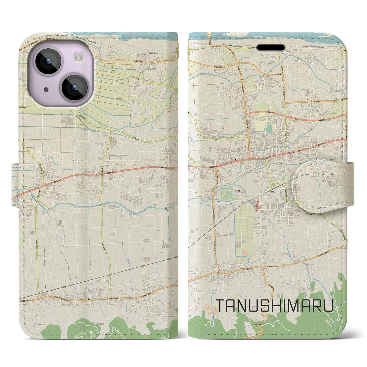 【田主丸(福岡県)】地図柄iPhoneケース(手帳タイプ)ナチュラル・iPhone 14 用