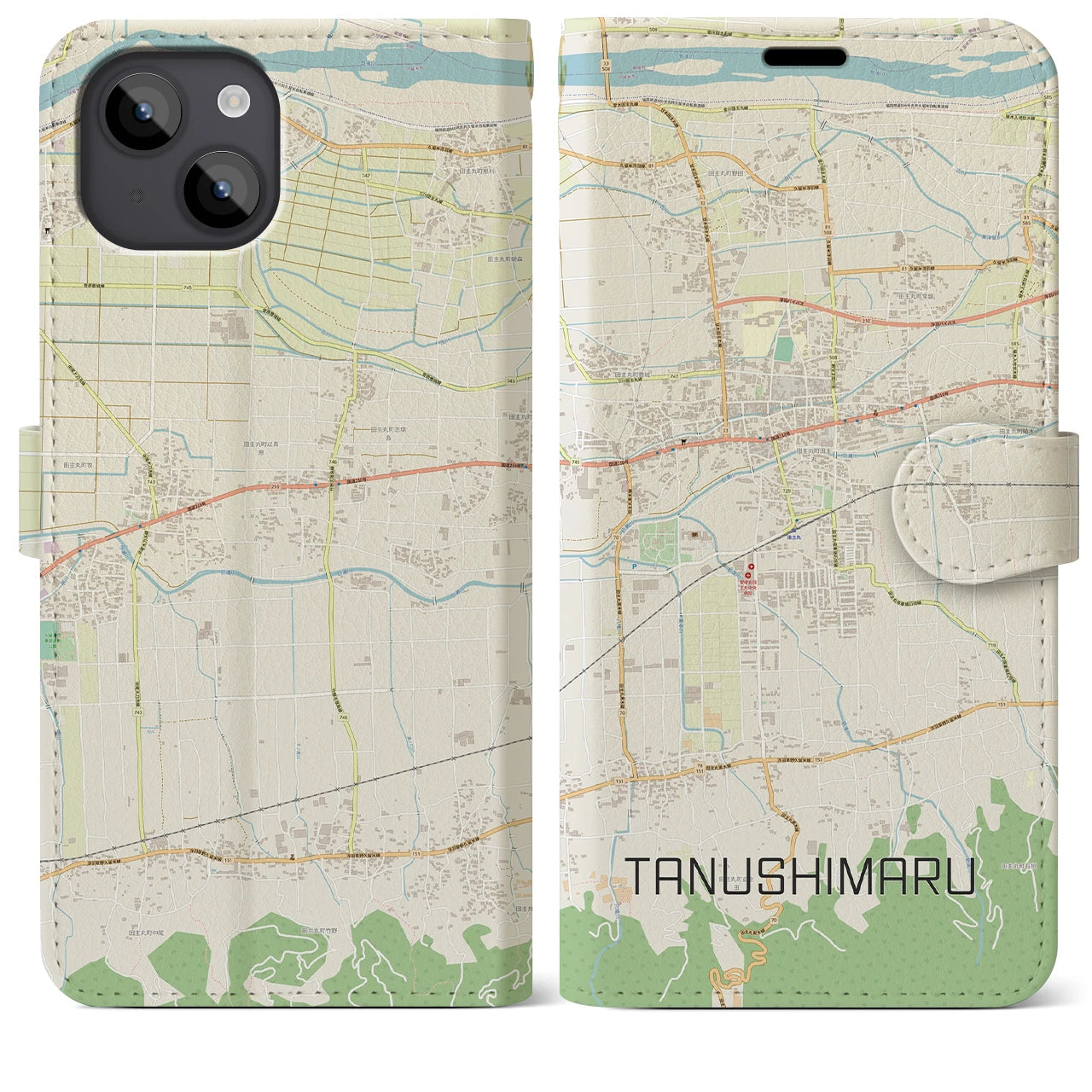【田主丸(福岡県)】地図柄iPhoneケース(手帳タイプ)ナチュラル・iPhone 14 Plus 用