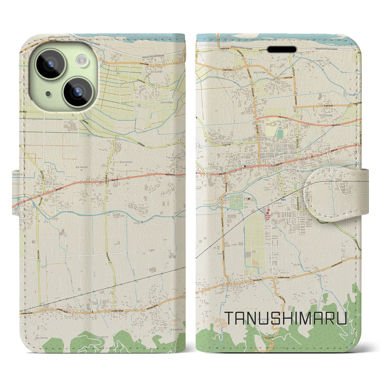 【田主丸(福岡県)】地図柄iPhoneケース(手帳タイプ)ナチュラル・iPhone 15 用