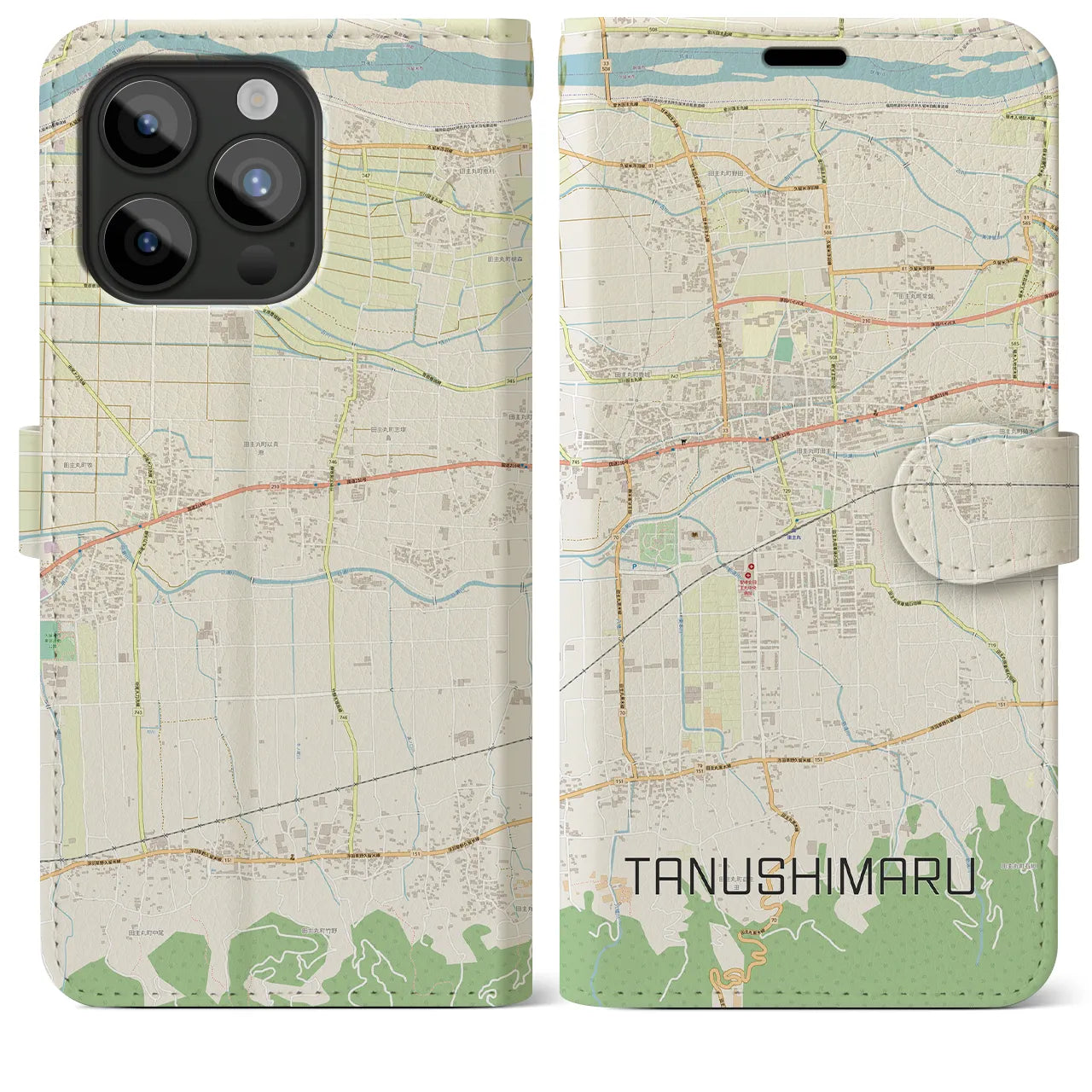 【田主丸(福岡県)】地図柄iPhoneケース(手帳タイプ)ナチュラル・iPhone 15 Pro Max 用