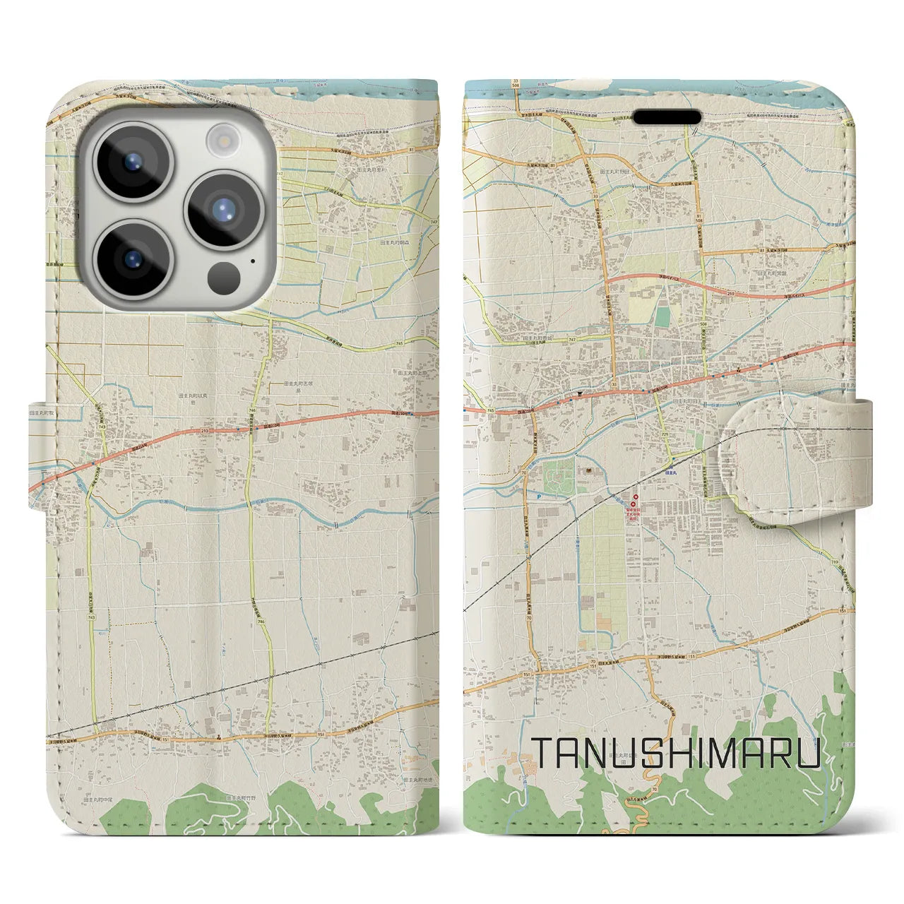 【田主丸(福岡県)】地図柄iPhoneケース(手帳タイプ)ナチュラル・iPhone 15 Pro 用