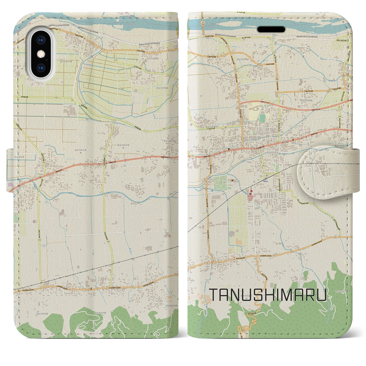 【田主丸(福岡県)】地図柄iPhoneケース(手帳タイプ)ナチュラル・iPhone XS Max 用