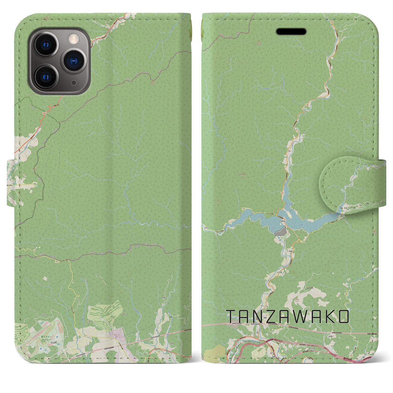 【丹沢湖(神奈川県)】地図柄iPhoneケース(手帳タイプ)ナチュラル・iPhone 11 Pro Max 用