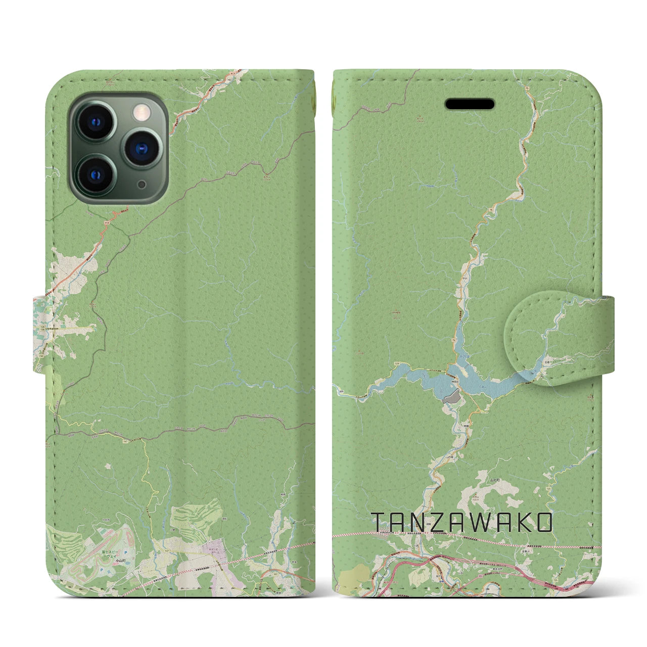 【丹沢湖(神奈川県)】地図柄iPhoneケース(手帳タイプ)ナチュラル・iPhone 11 Pro 用