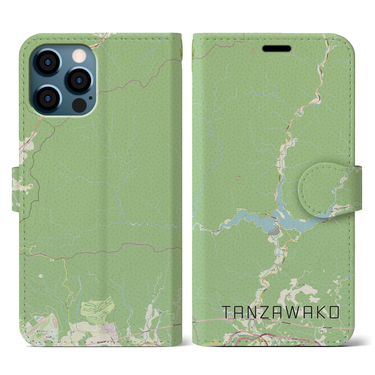 【丹沢湖(神奈川県)】地図柄iPhoneケース(手帳タイプ)ナチュラル・iPhone 12 / 12 Pro 用