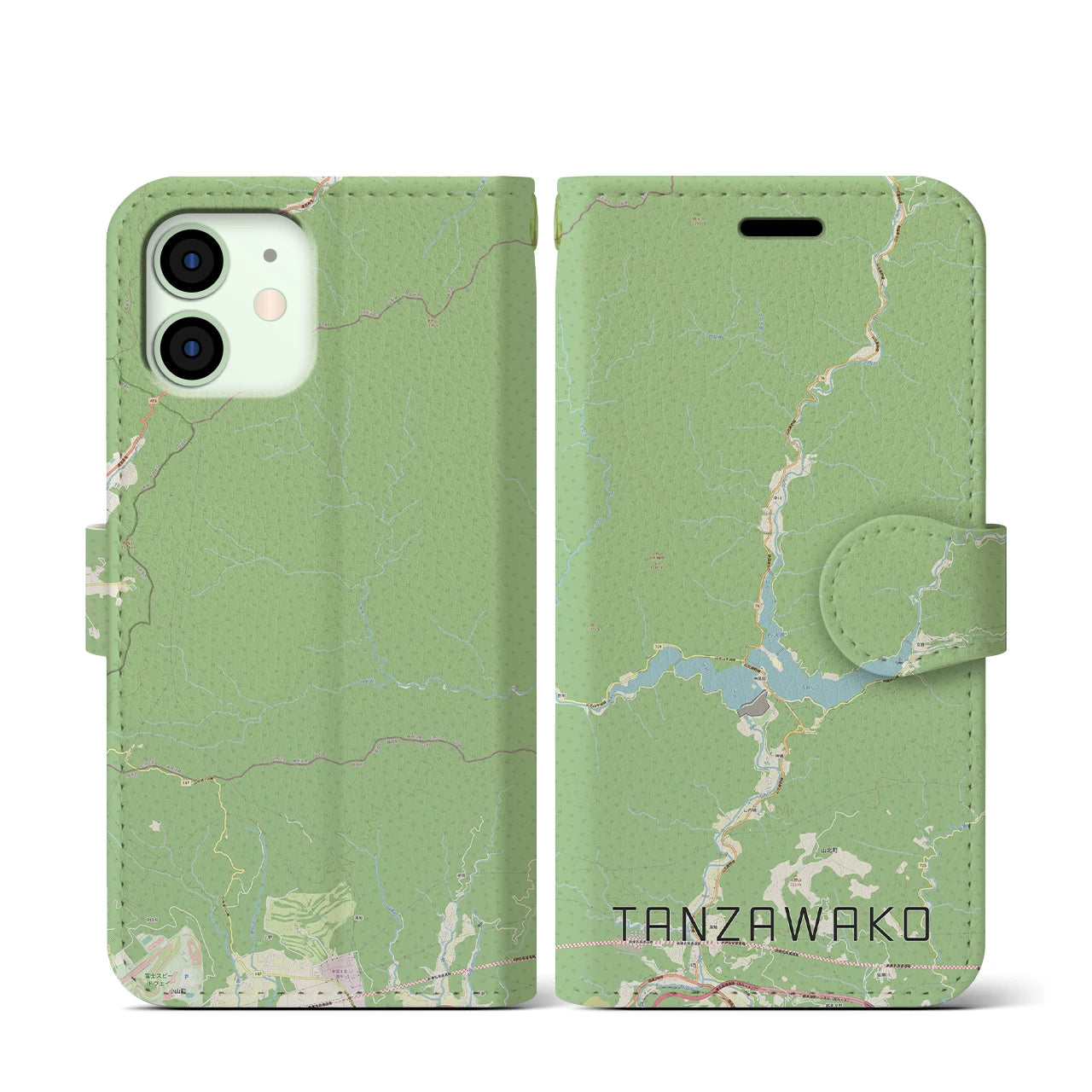【丹沢湖(神奈川県)】地図柄iPhoneケース(手帳タイプ)ナチュラル・iPhone 12 mini 用