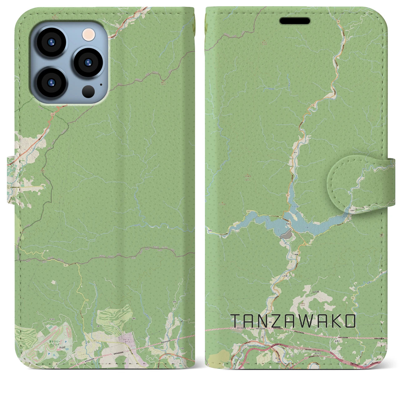 【丹沢湖(神奈川県)】地図柄iPhoneケース(手帳タイプ)ナチュラル・iPhone 13 Pro Max 用