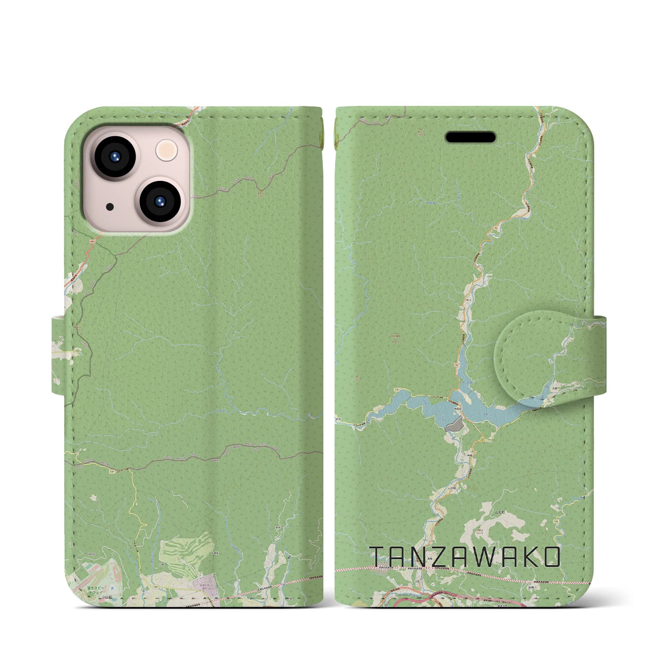【丹沢湖(神奈川県)】地図柄iPhoneケース(手帳タイプ)ナチュラル・iPhone 13 mini 用